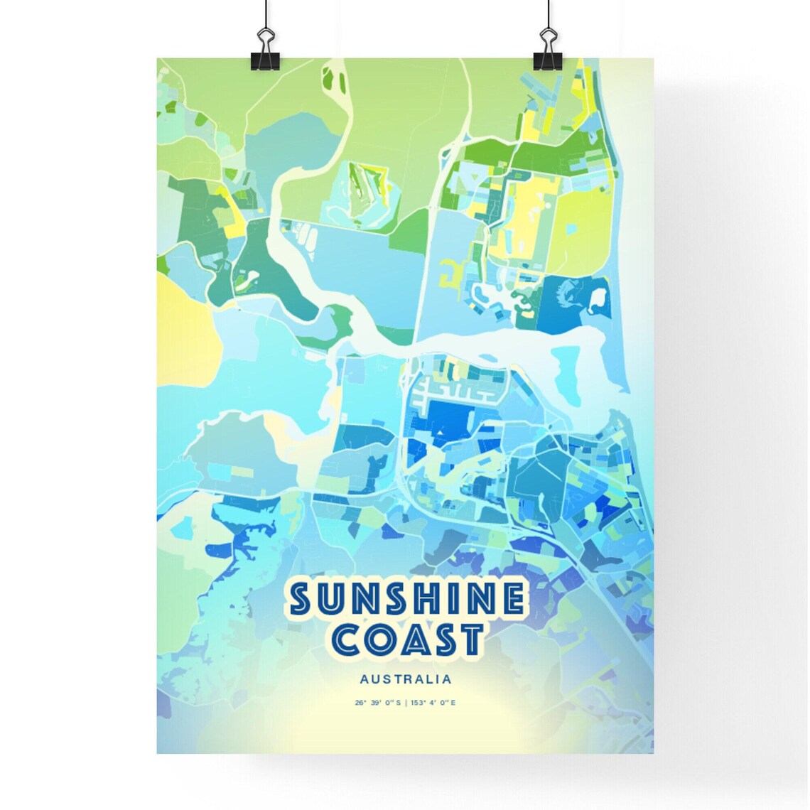 Sunshine Coast Australia Bluish Watercolor City Map Art Poster Wall Decor - Image 3