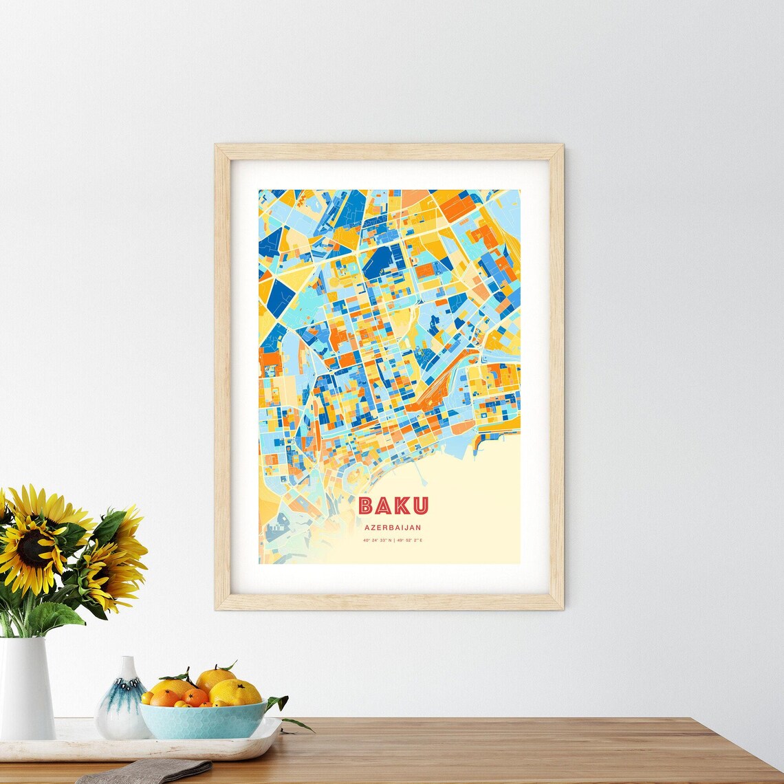 Baku Azerbaijan Colorful Blue Orange City Map Art Poster with Coordinates - Image 2