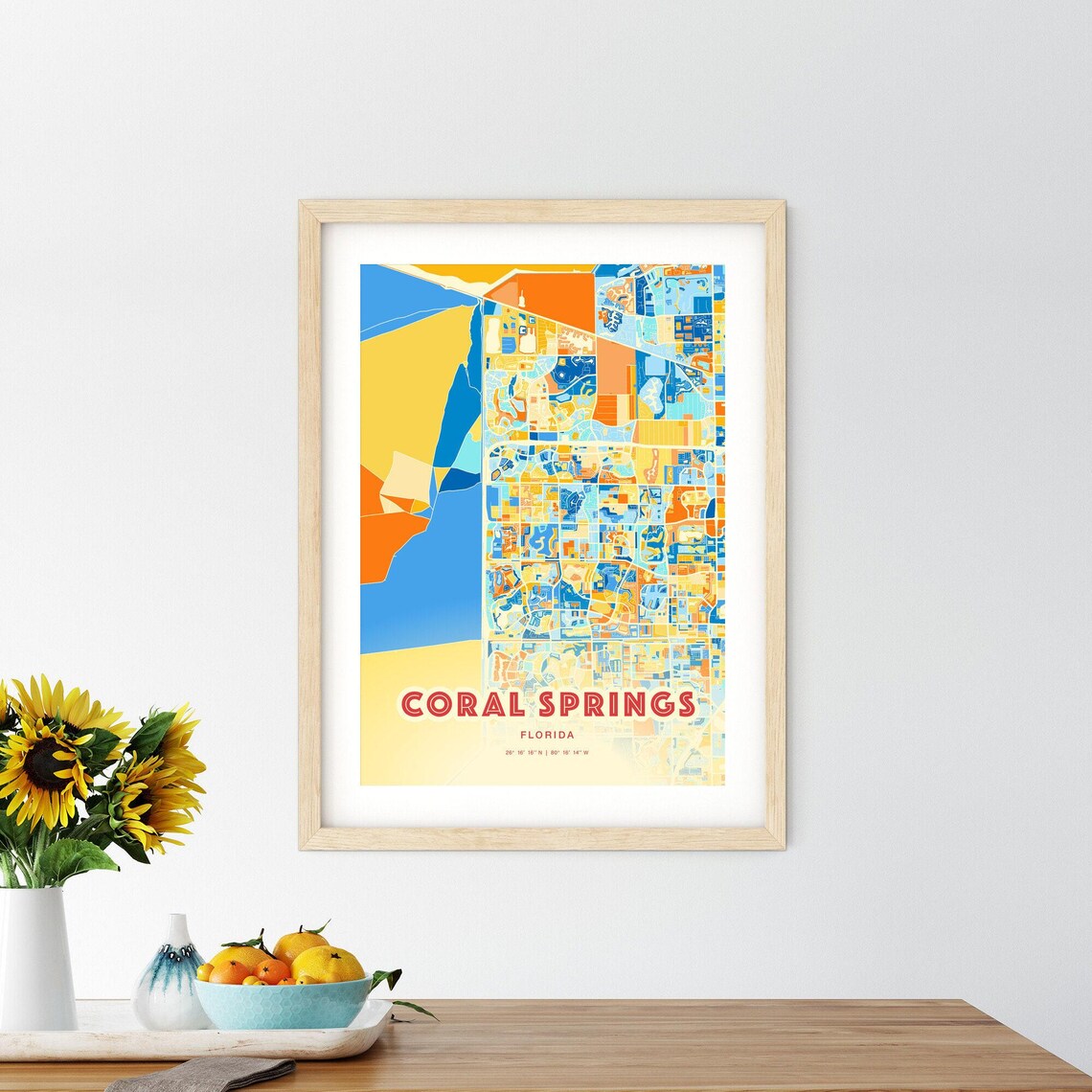 Coral Springs Florida Colorful City Map Blue Orange Art Poster - Image 2
