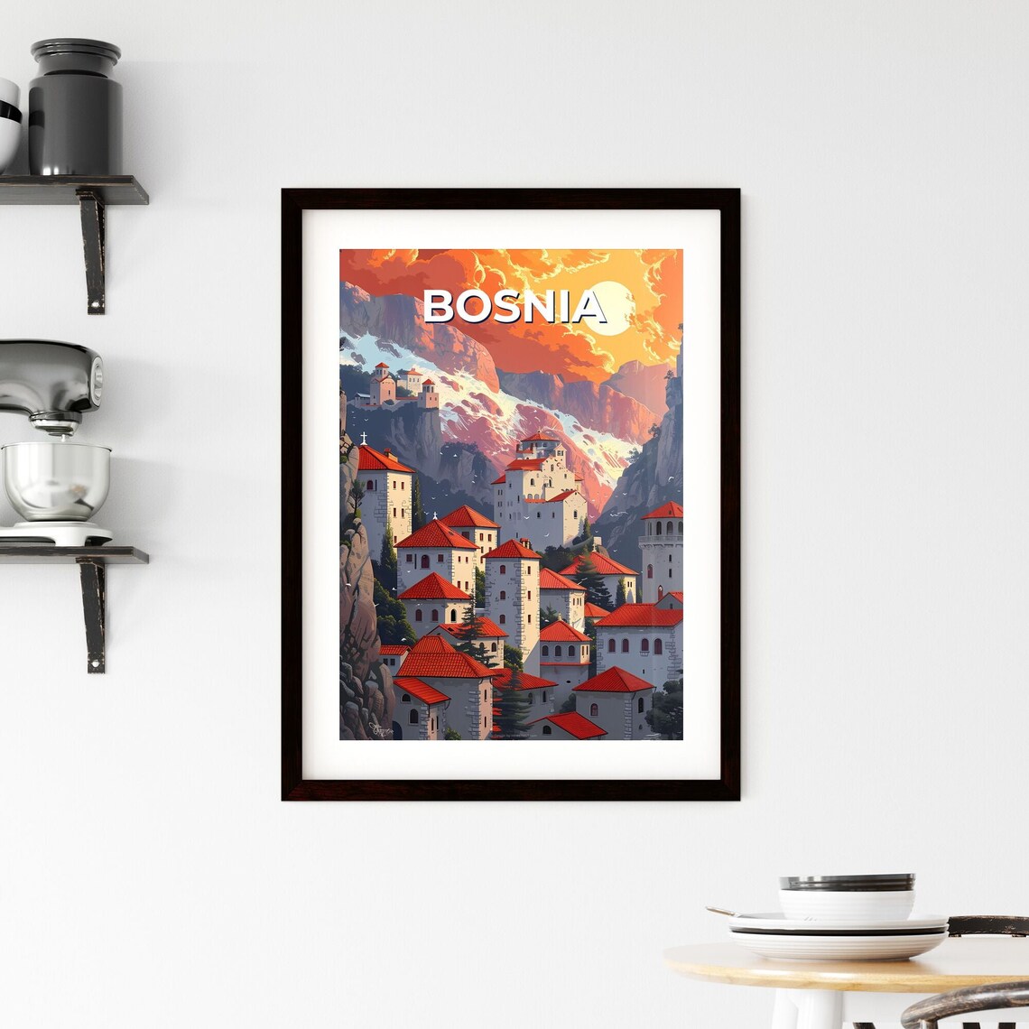 Bosnia Historic Red Roofed Mountain Village Sunset Travel Poster - Image 2