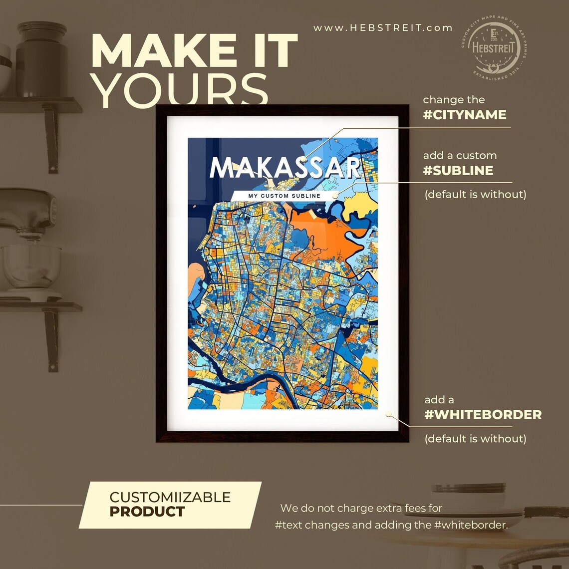 Makassar Indonesia Blue Orange City Map Poster Bold Modern Street Grid Art - Image 2