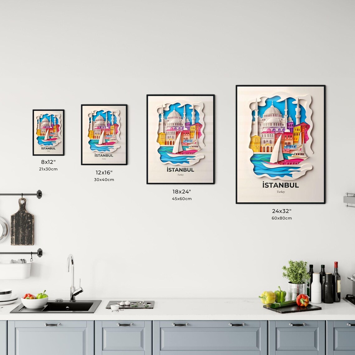Istanbul Turkey Colorful Paper Cut Mosque and Sailboat Poster - Image 3