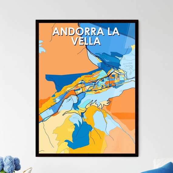 Andorra la Vella Andorra Bold Colorful Blue Orange Fine Art City Map Poster