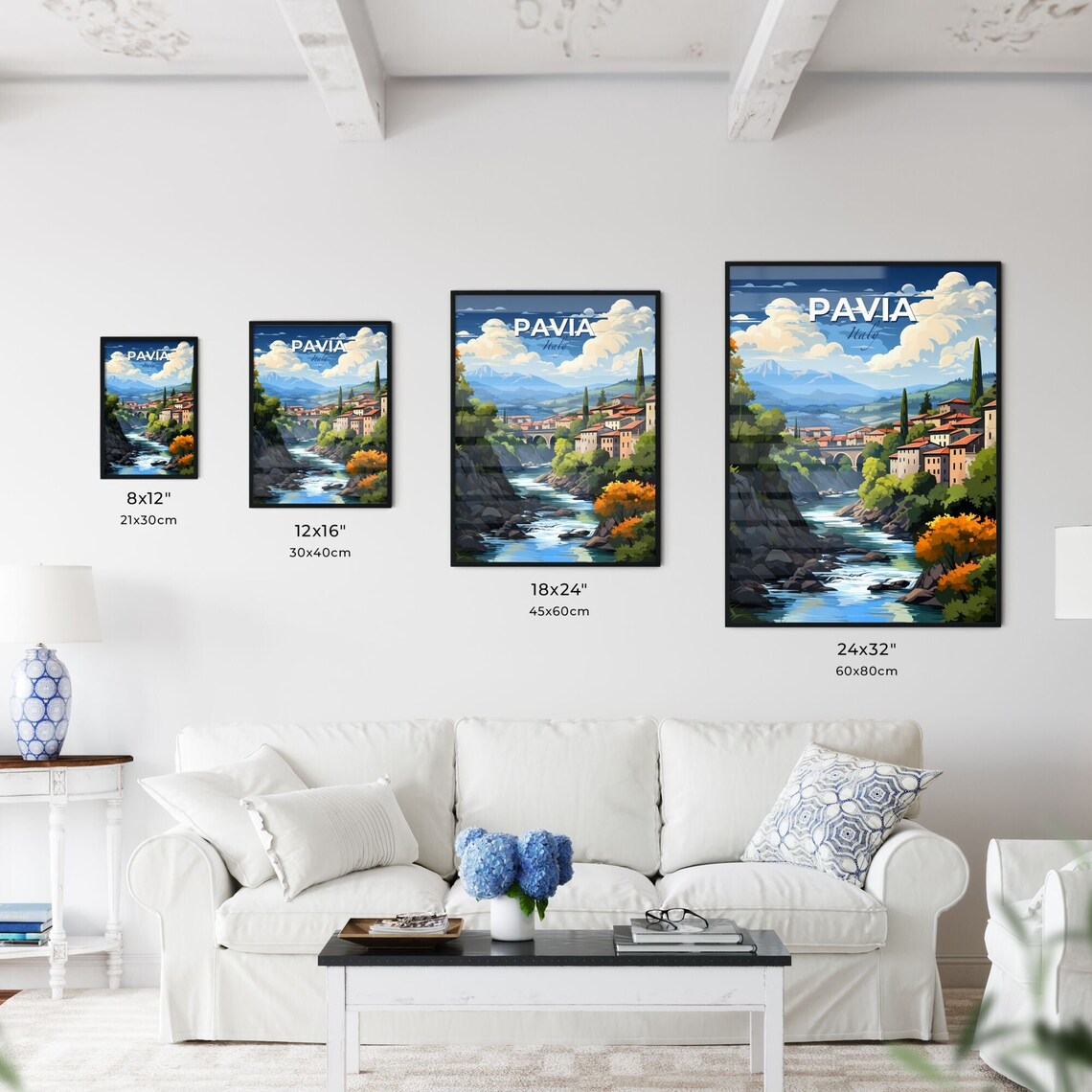 Pavia Italy River Valley Stone Bridge Village And Mountains Poster - Image 3
