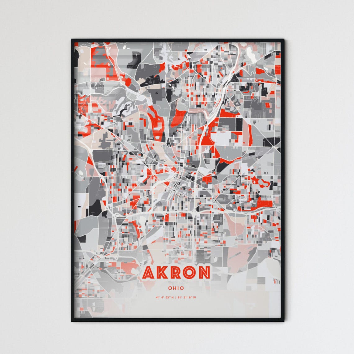 Akron Ohio Expressive Red Abstract Modern City Map Art Poster