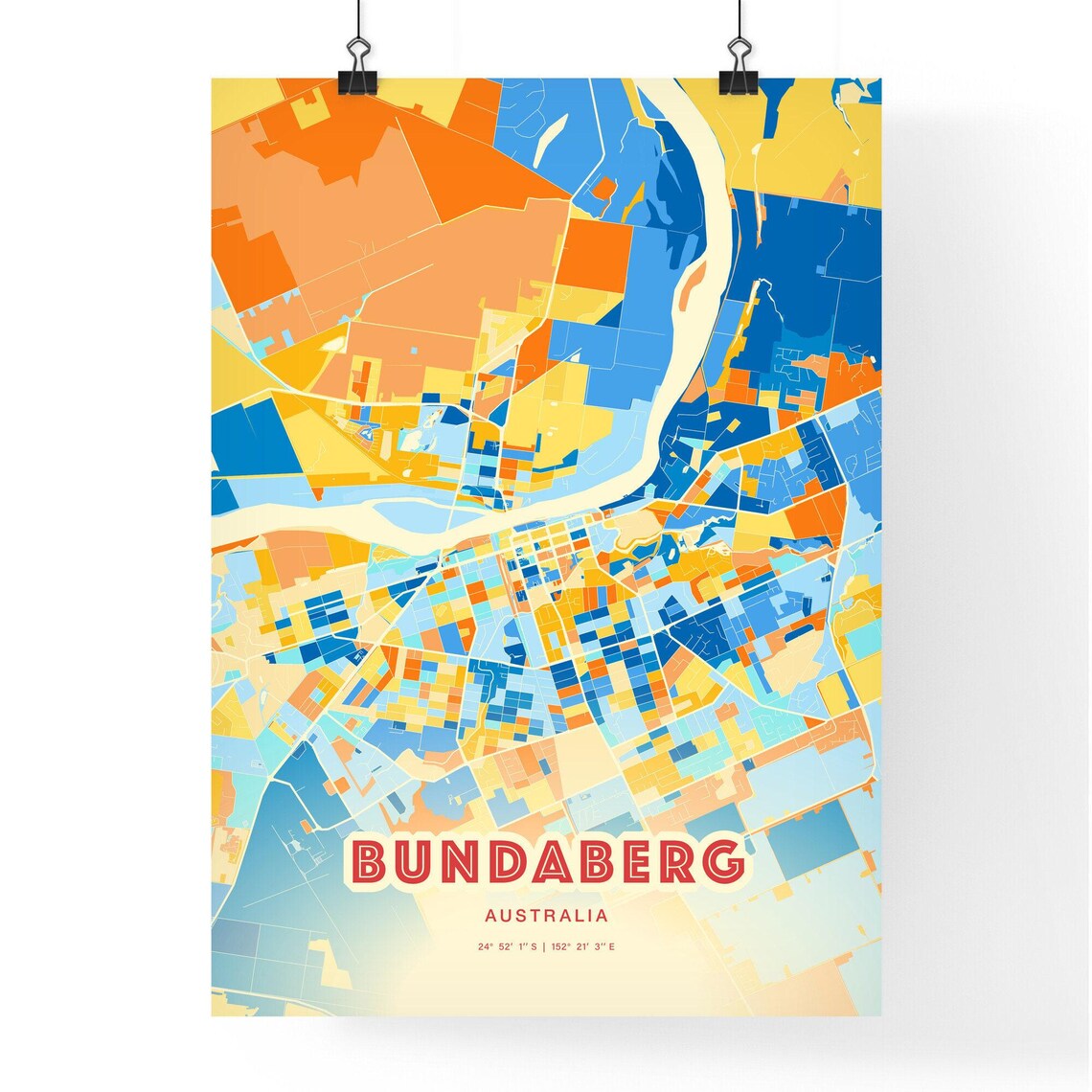 Bundaberg Australia Colorful City Map Poster Blue Orange Queensland Decor - Image 3