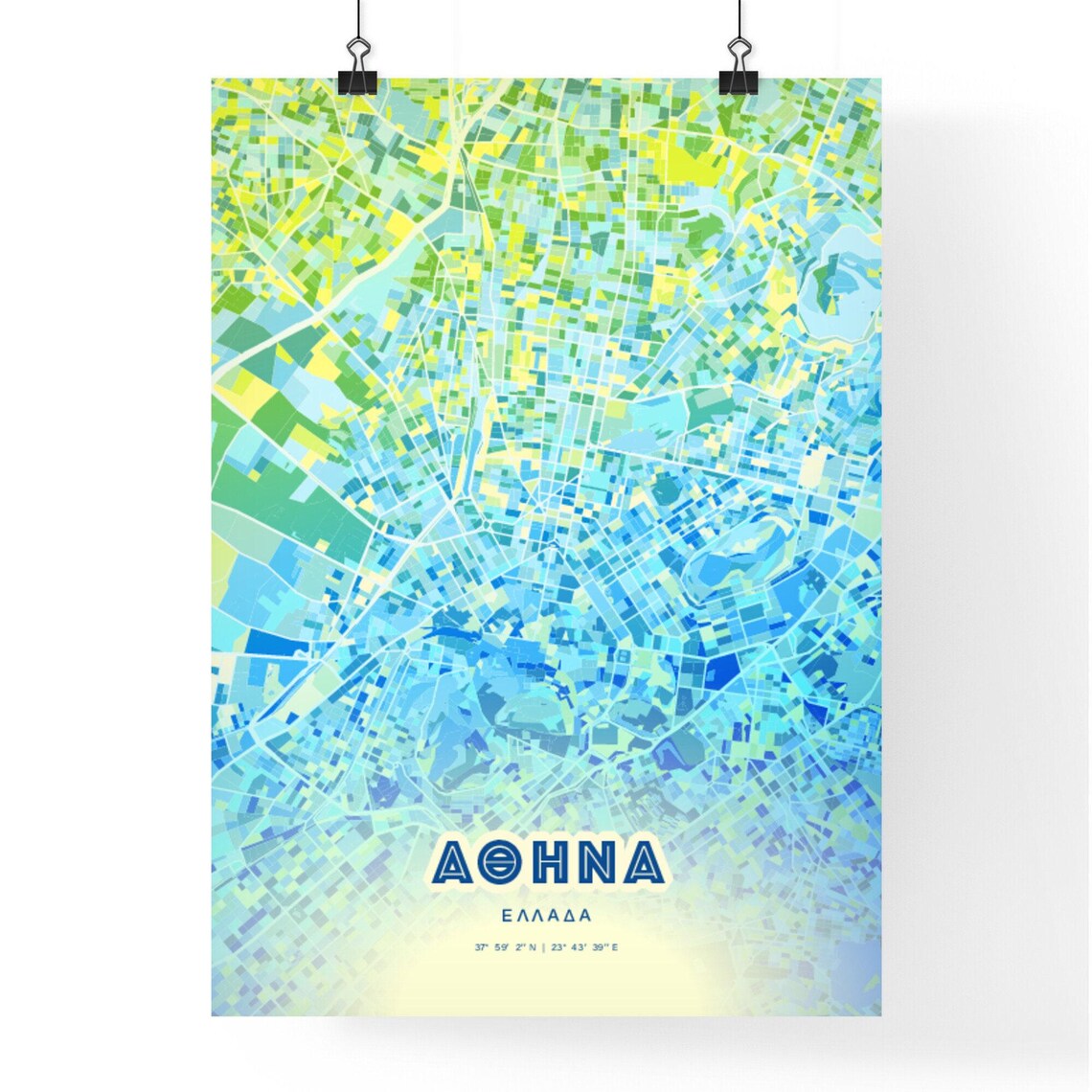 Athens Greece Colorful Modern Bluish City Street Map Art Poster - Image 2
