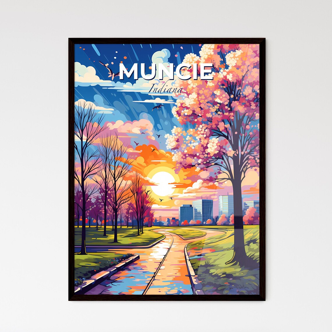 Muncie Indiana Blossom Park Pathway Skyline Sunset Travel Poster
