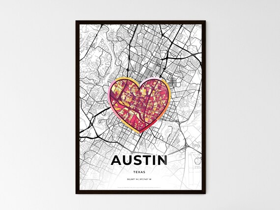 Austin Texas Minimal Map Art With Colorful Heart Icon Poster