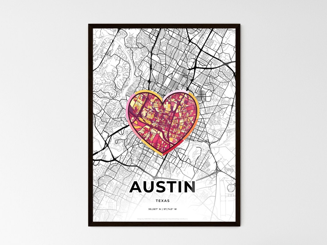 Austin Texas Minimal Map Art With Colorful Heart Icon Poster