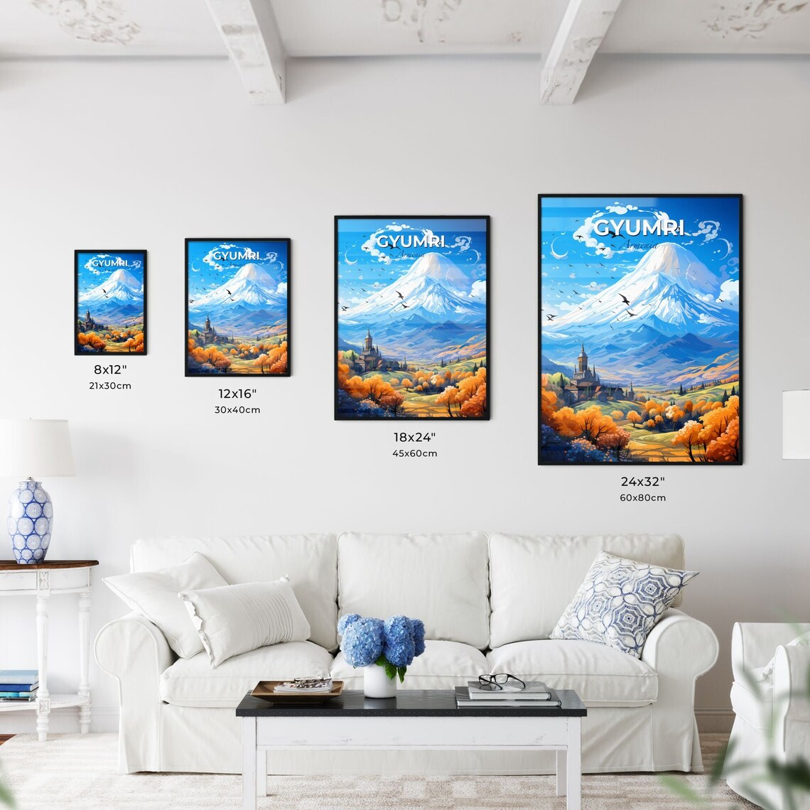 Gyumri Armenia Travel Poster With Snow Capped Mountain And Autumn Trees - Image 3