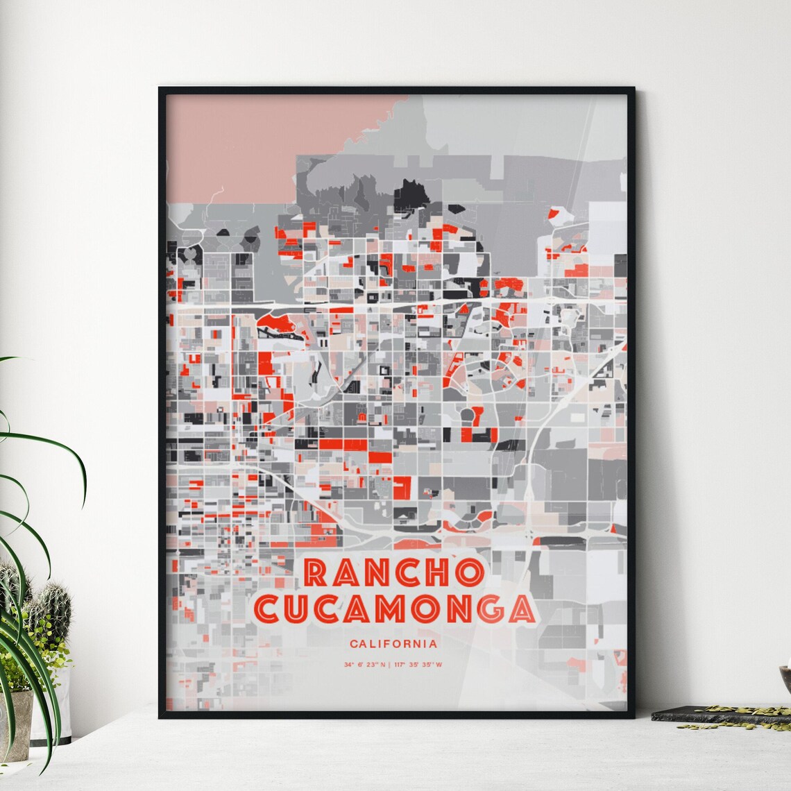 Rancho Cucamonga California Expressive Red Abstract City Map Art Poster