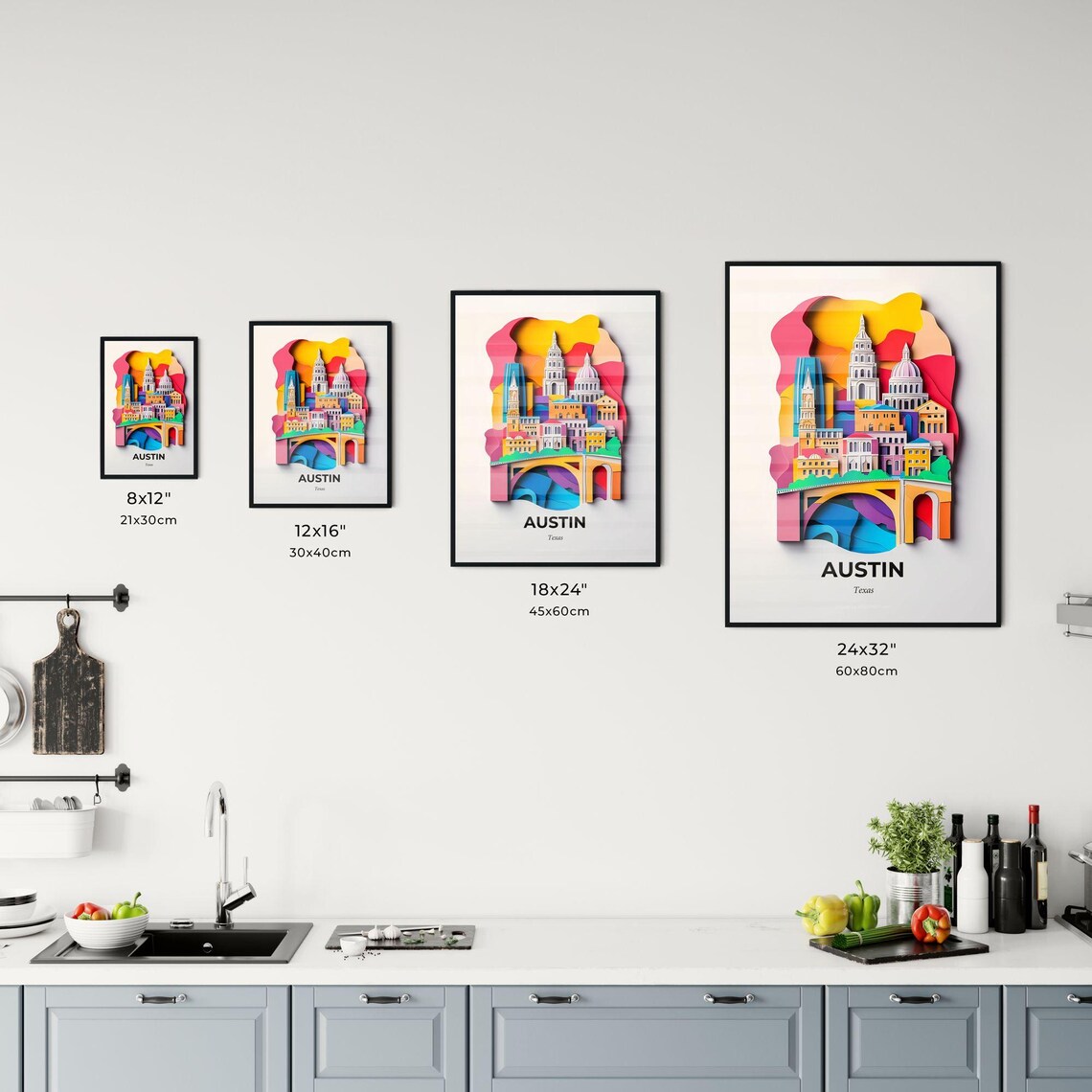 Austin Texas Colorful Paper Cut Downtown Bridge Travel Poster - Image 3