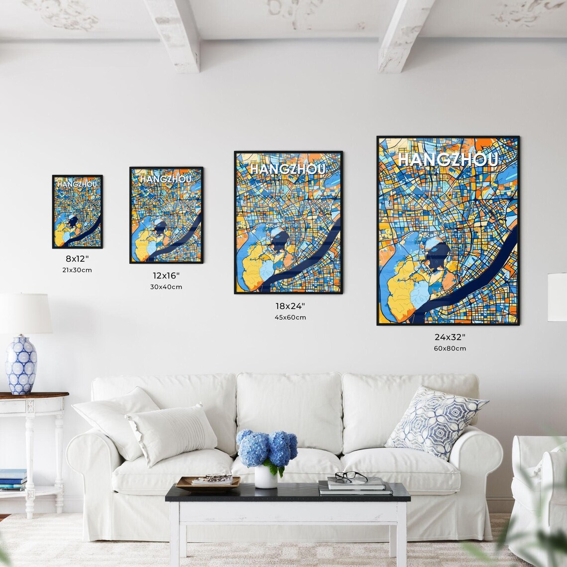 Hangzhou China Bold Colorful Vibrant City Street Map Art Poster - Image 3