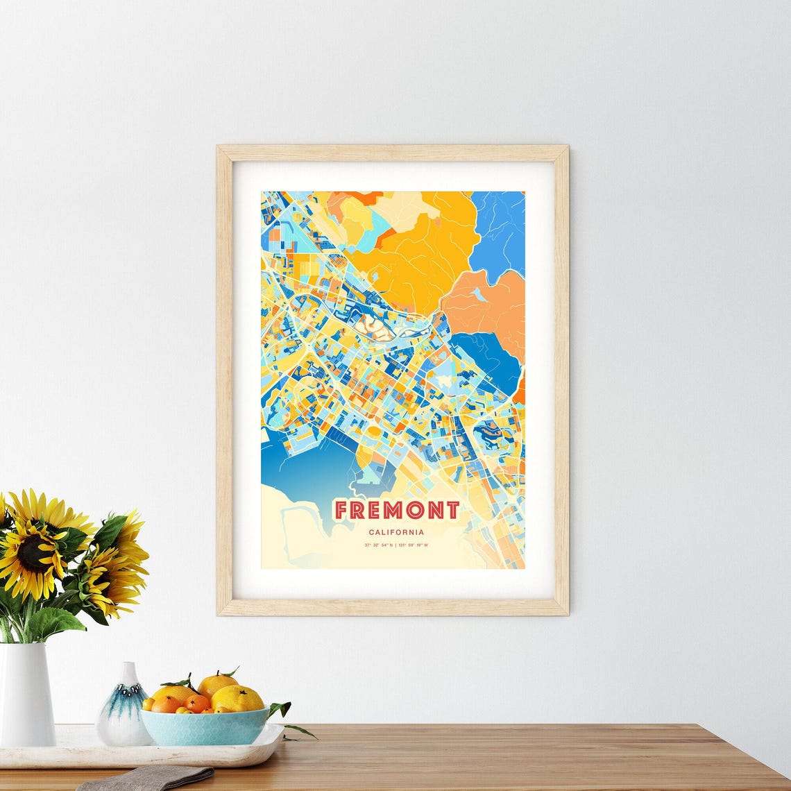Fremont California Vibrant Colorful Blue Orange City Map Art Poster - Image 2
