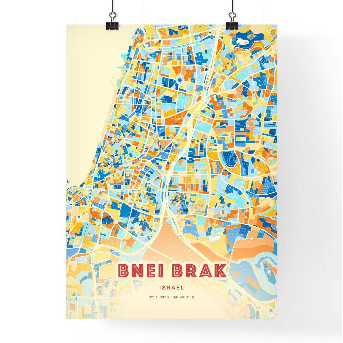 Bnei Brak Israel City Map Abstract Blue Orange Modern Art Print - Image 3