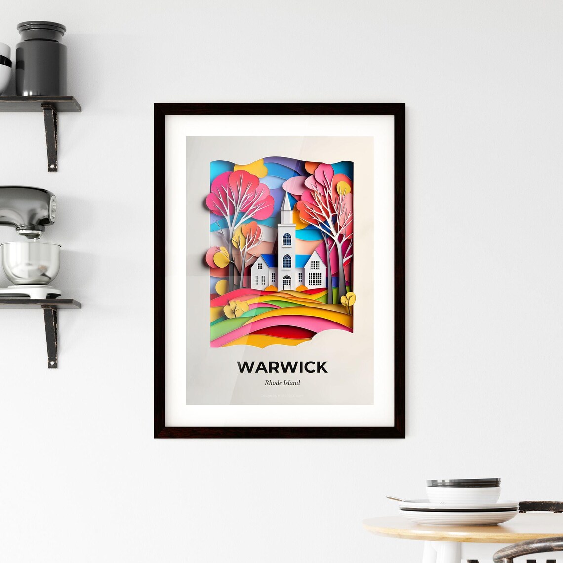 Warwick Rhode Island Colorful Paper Cut Church Autumn Travel Poster - Image 2