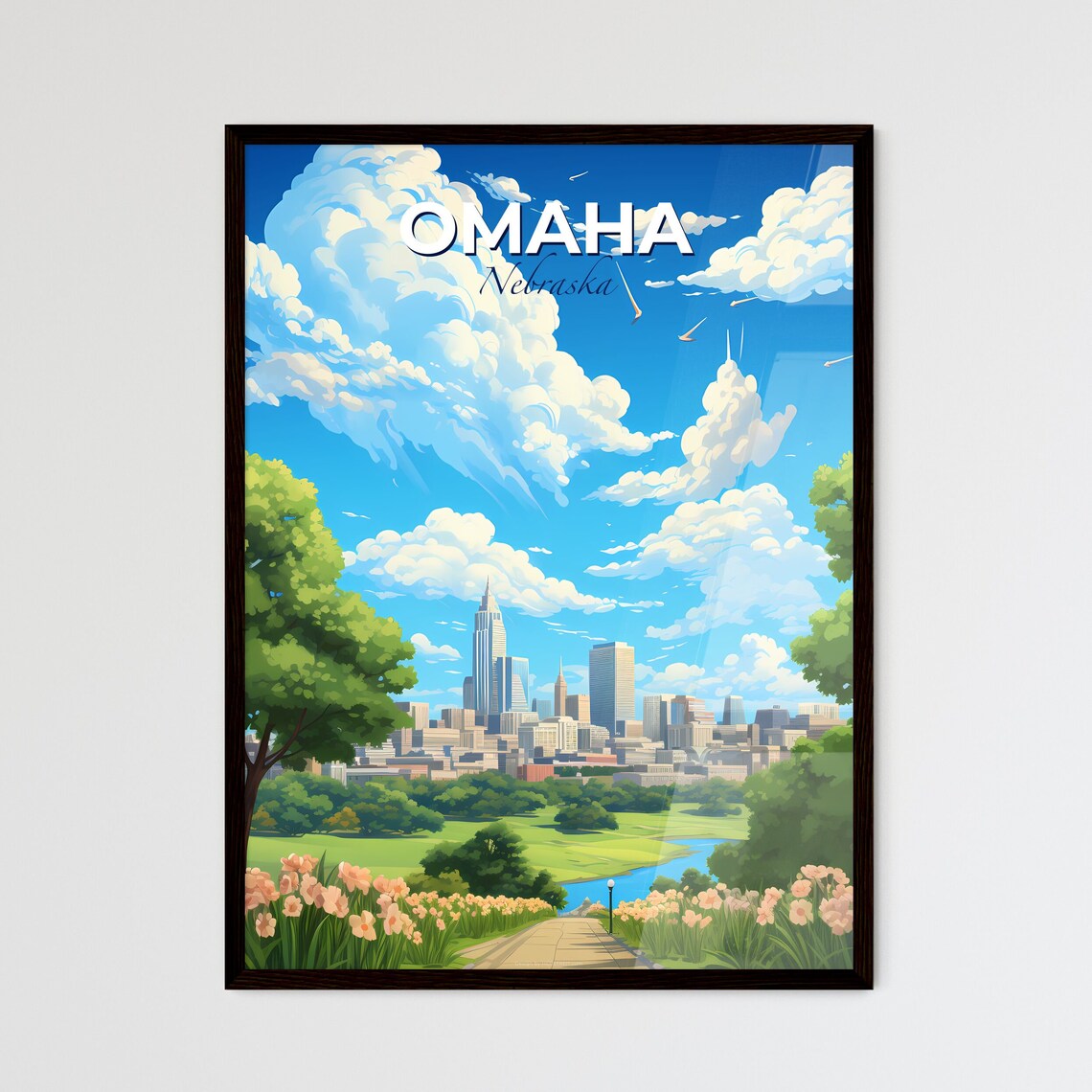 Omaha Nebraska Travel Poster Skyline Park Tulips Spring Illustration Art