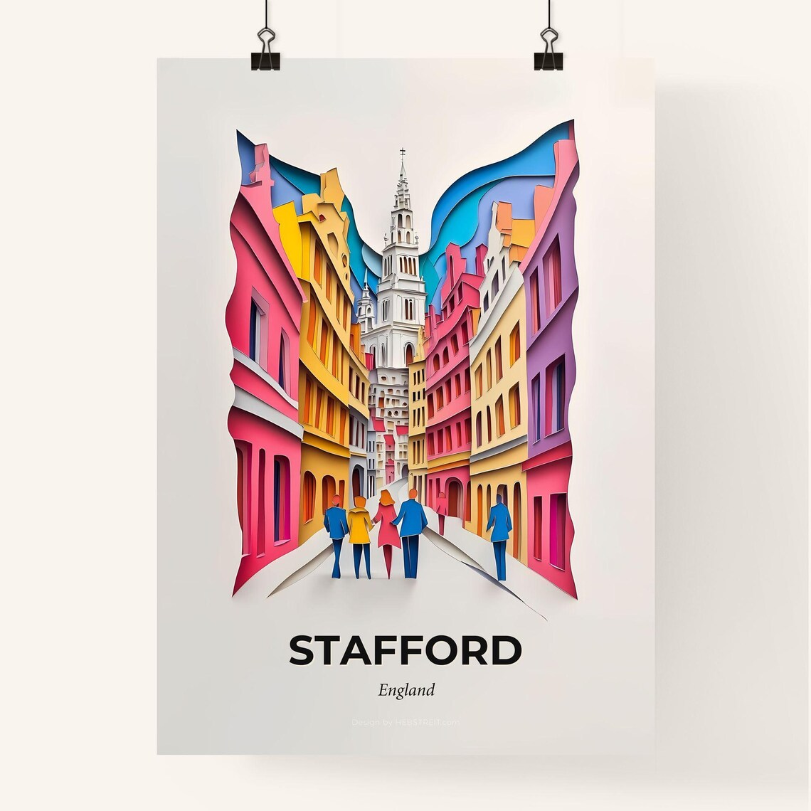 Stafford England Historic Street Colorful Paper Cut Art Poster - Image 4