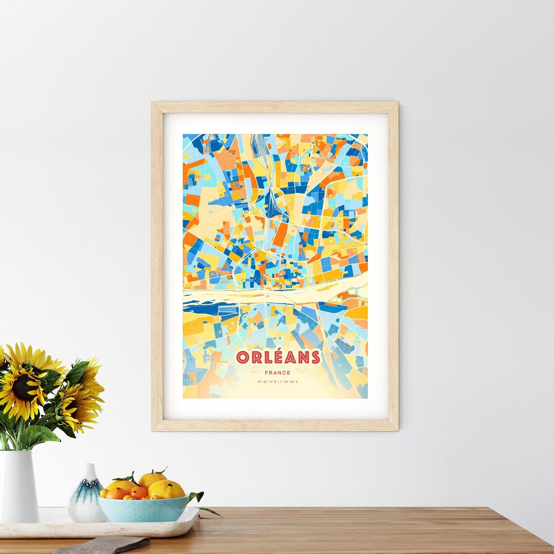 Orleans France Vibrant Blue Orange City Map Art Poster Decor - Image 2