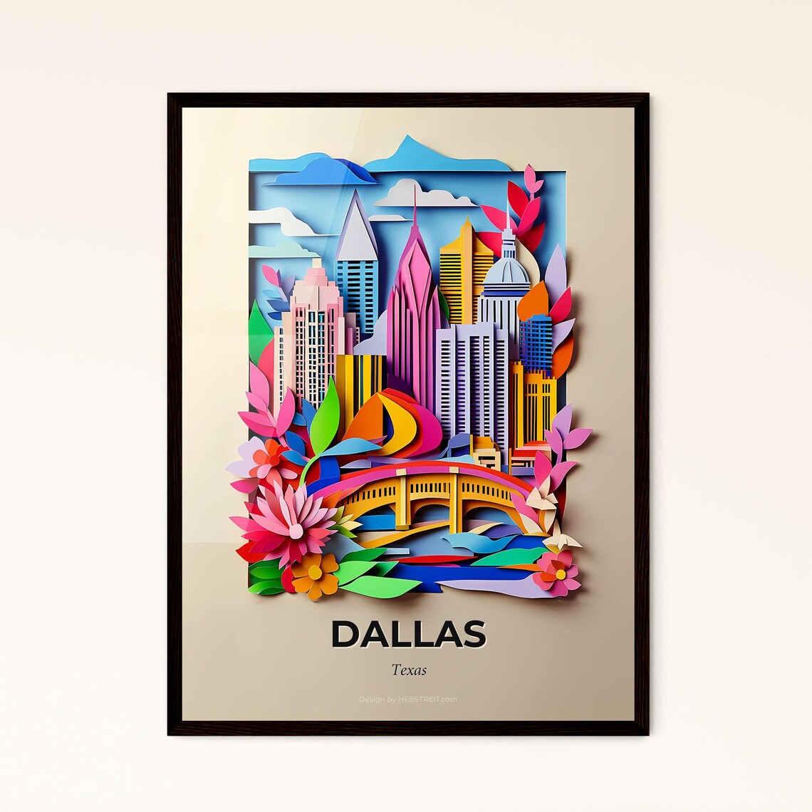 Dallas Texas Skyline Bridge Flowers Paper Cut City Travel Poster