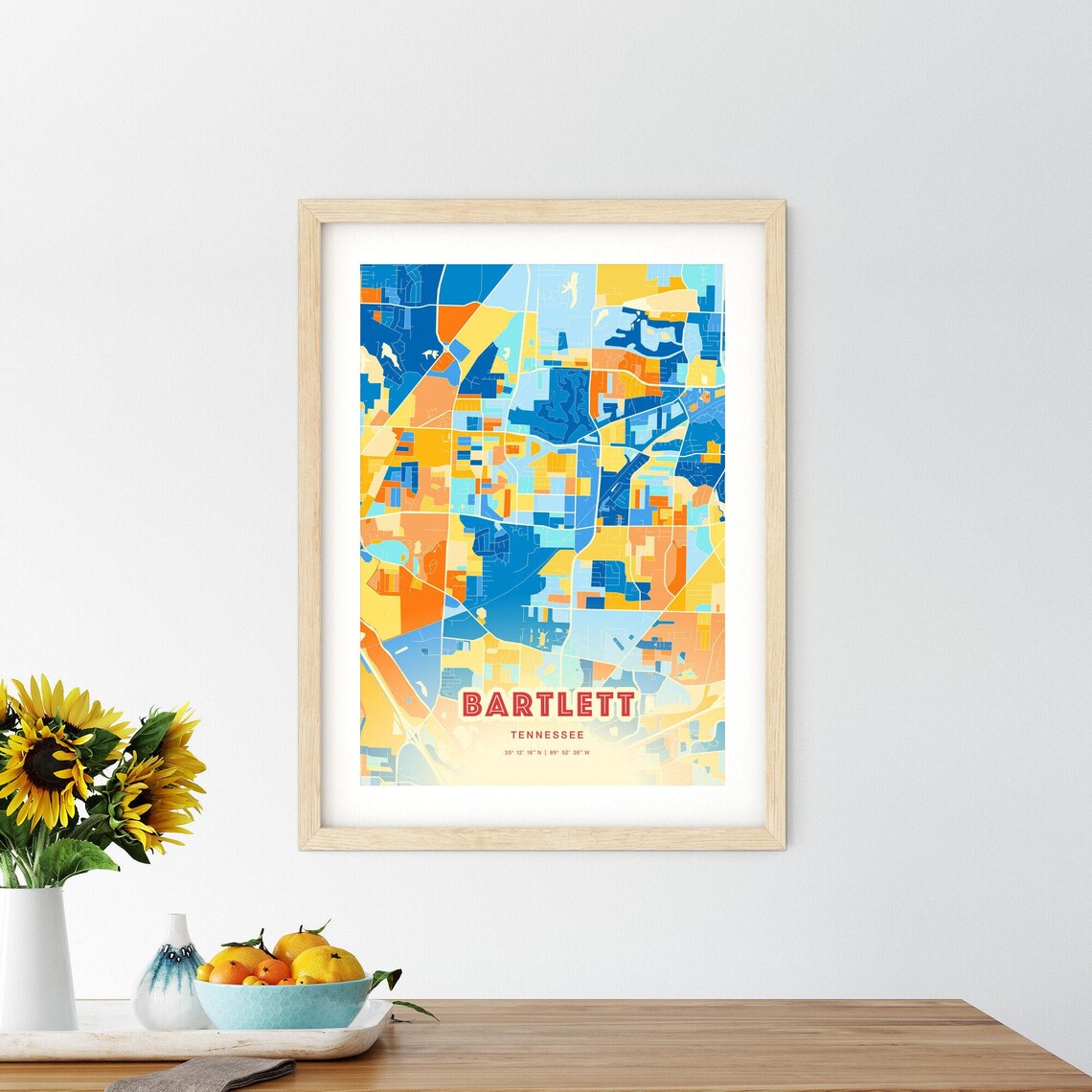 Bartlett Tennessee Colorful Blue and Orange Retro City Street Map Wall Art - Image 2