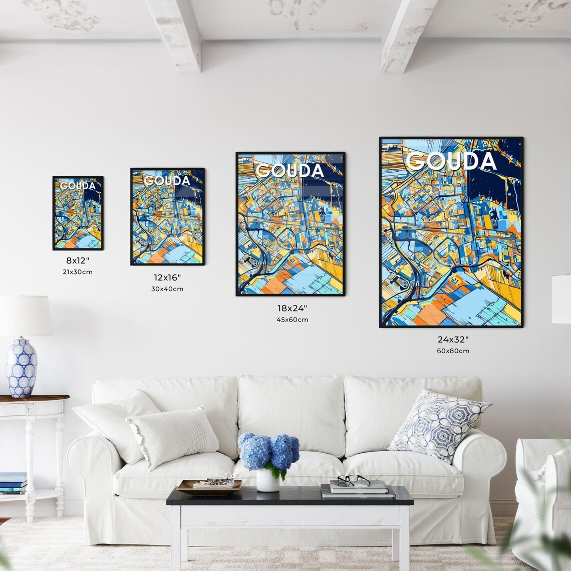 Gouda Netherlands Bold Geometric City Map Art Poster in Blue and Orange - Image 3