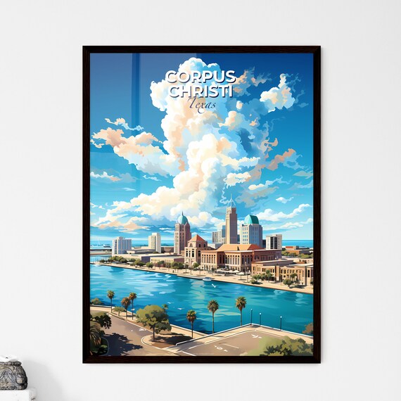 Corpus Christi Texas Skyline Poster Bayfront Palm Tree Travel Scene Art