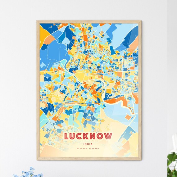Lucknow India Bold Blue Orange Abstract City Street Map Art Poster