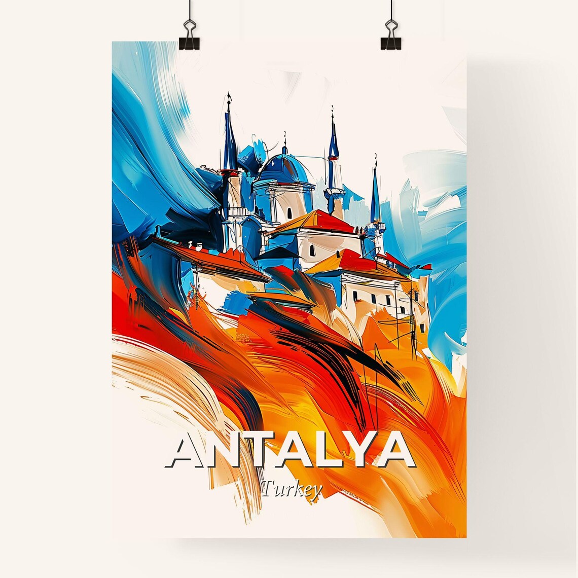 Antalya Turkey Vibrant Watercolor Old Town City Travel Poster - Image 4