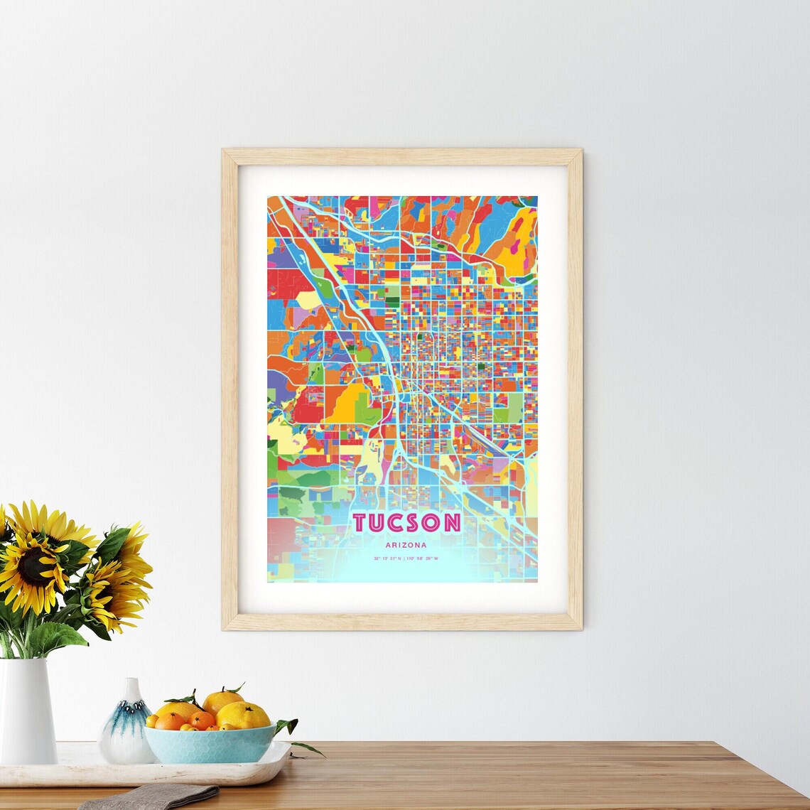 Tucson Arizona Vibrant Crazy Colorful Mosaic City Map Poster - Image 2