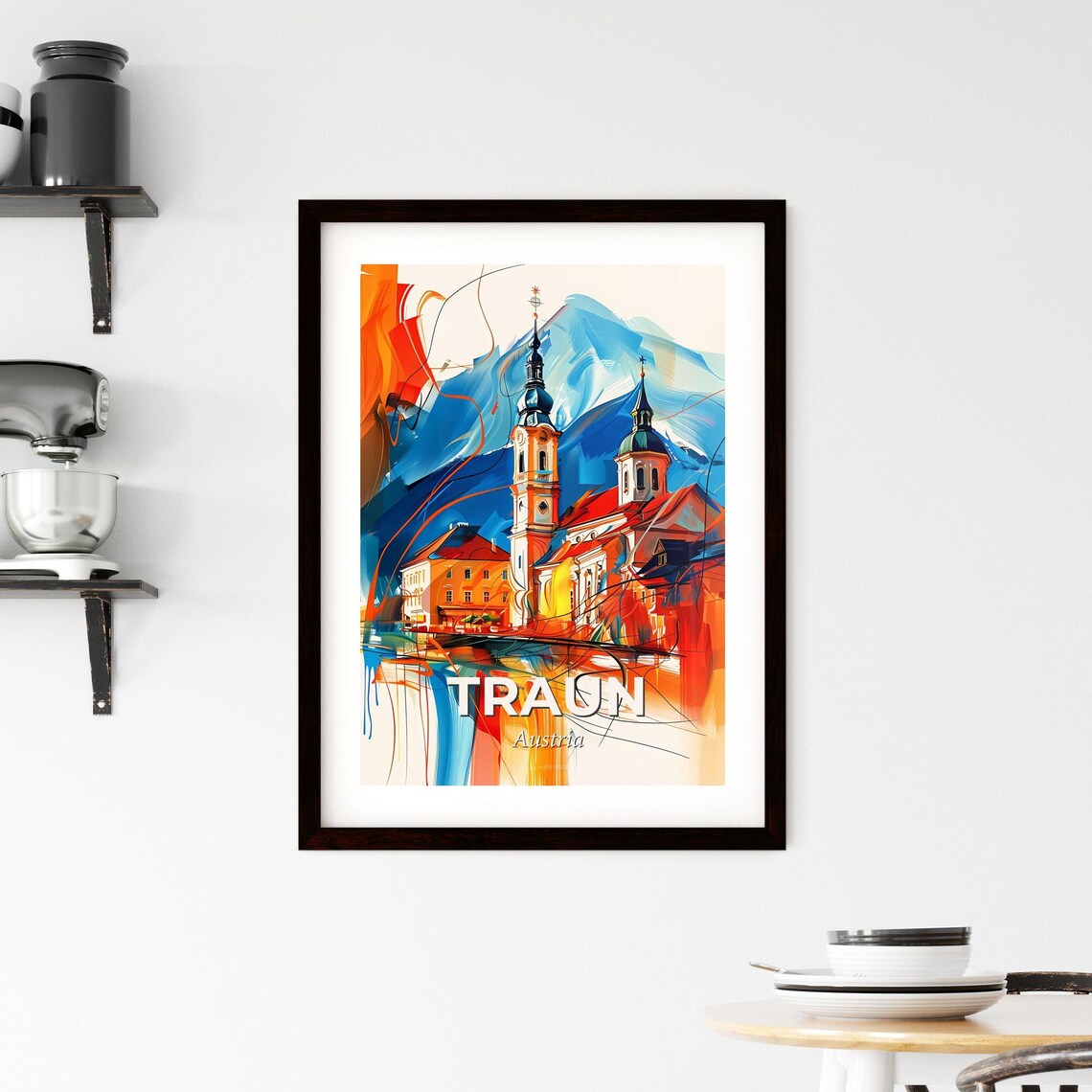 Traun Austria Colorful Abstract Church Towers Mountain Art Poster - Image 2