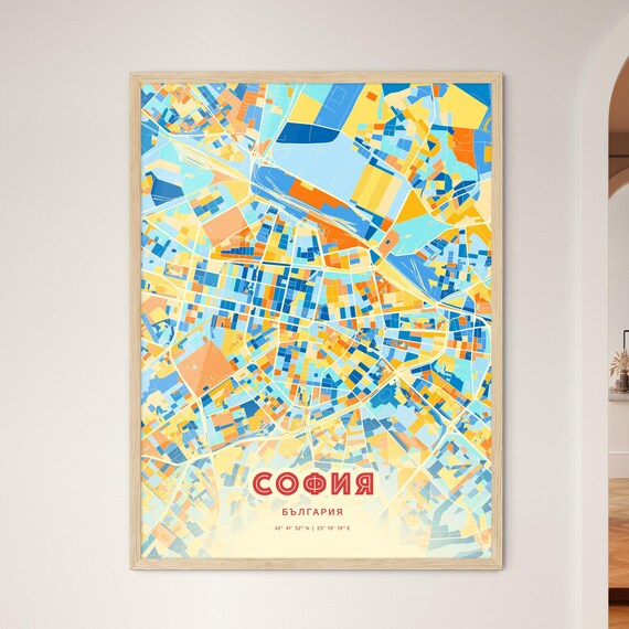Sofia Bulgaria Colorful City Map Art Poster in Orange Blue and Cream
