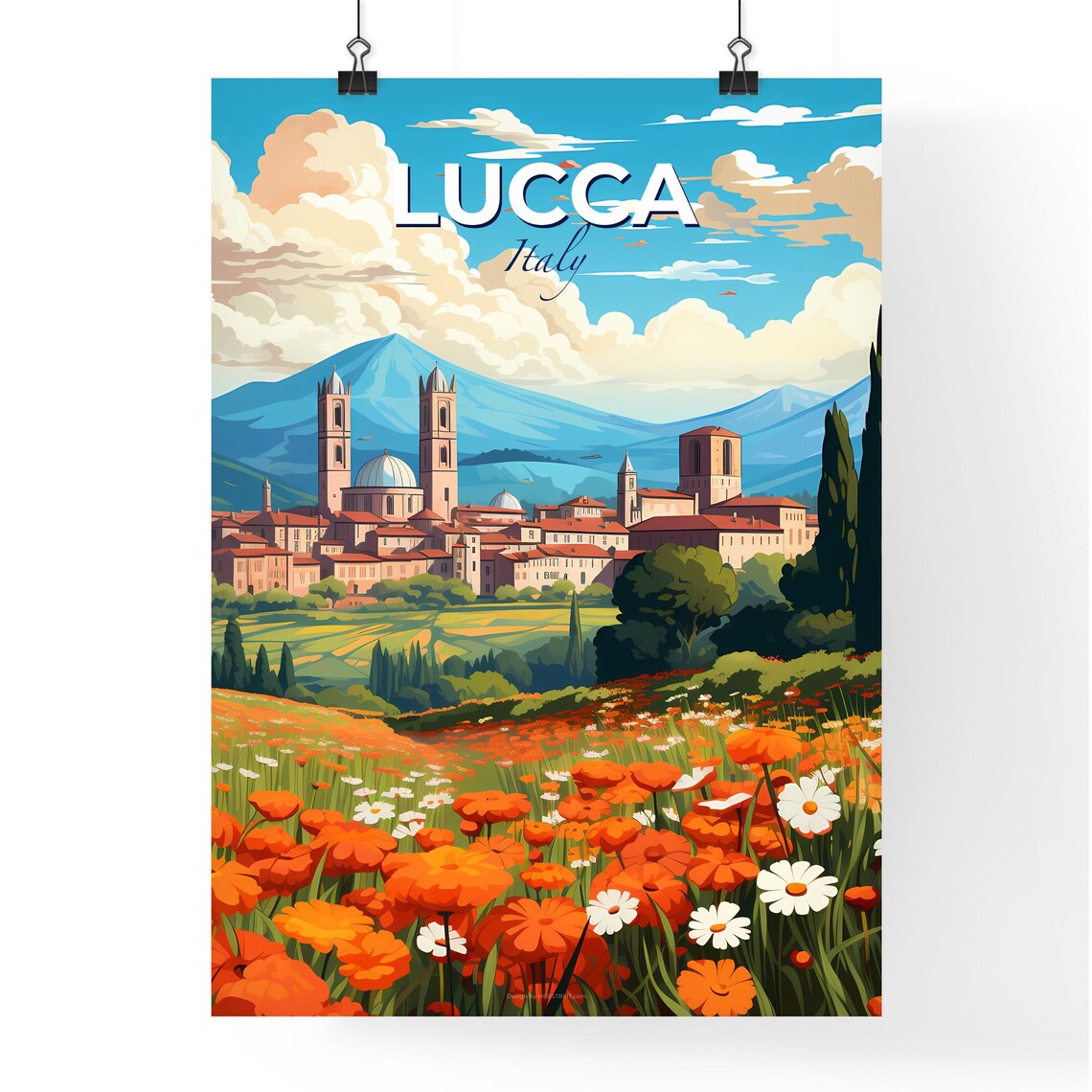 Lucca Italy Tuscan Towers Poppy Field Mountain View Art Poster - Image 4