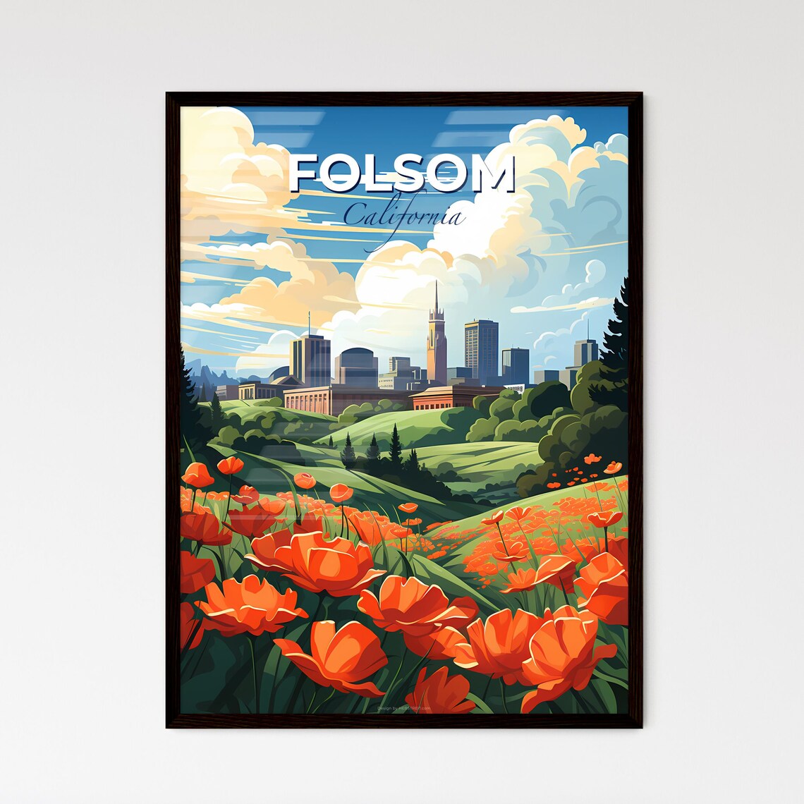 Folsom California Poppy Field Bloom City Skyline Travel Poster