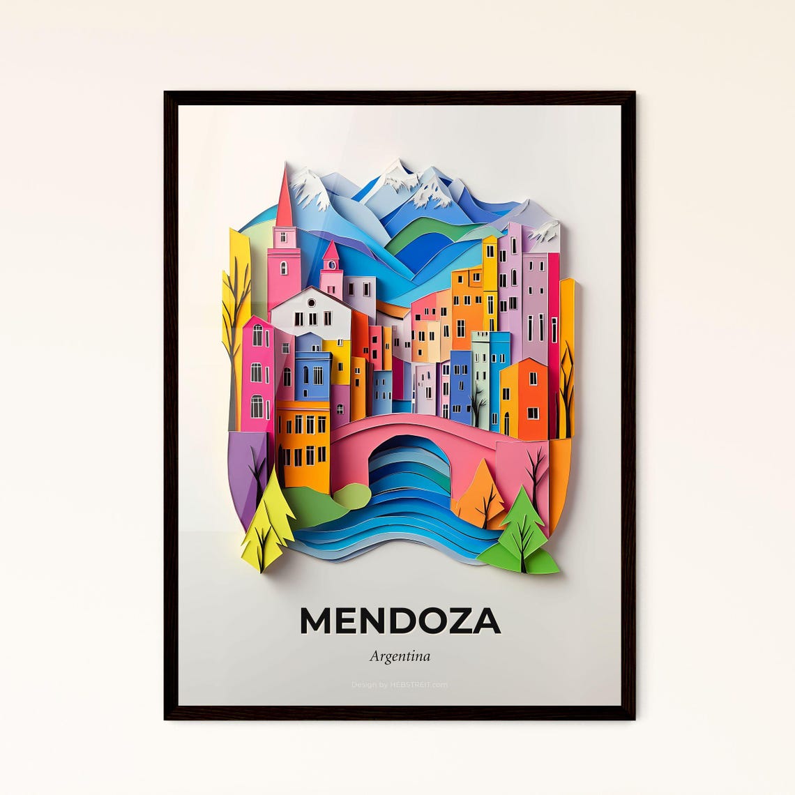 Mendoza Argentina 3D Paper Cut Mountain Town River Bridge Poster
