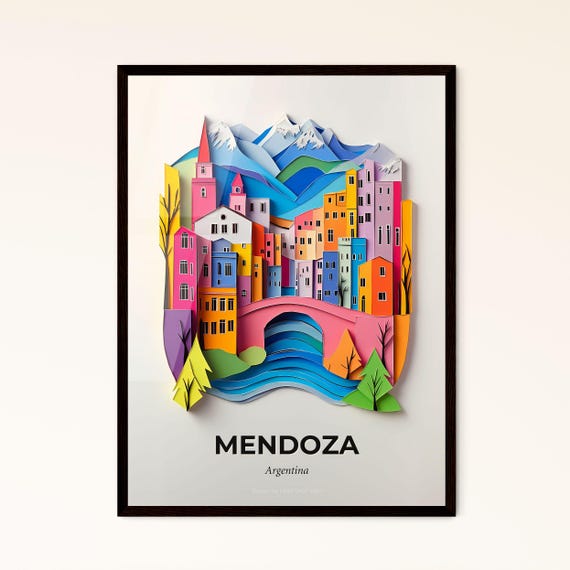 Vivid Mendoza Argentina A Paper Cut Of A City With A Bridge Fine Art Print Customizable