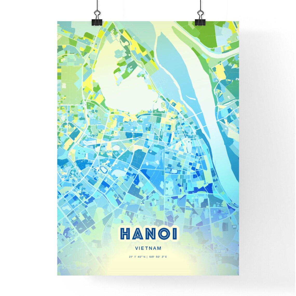 Bluish Street Map Art City Poster of Hanoi in Vietnam Blue Green - Image 3