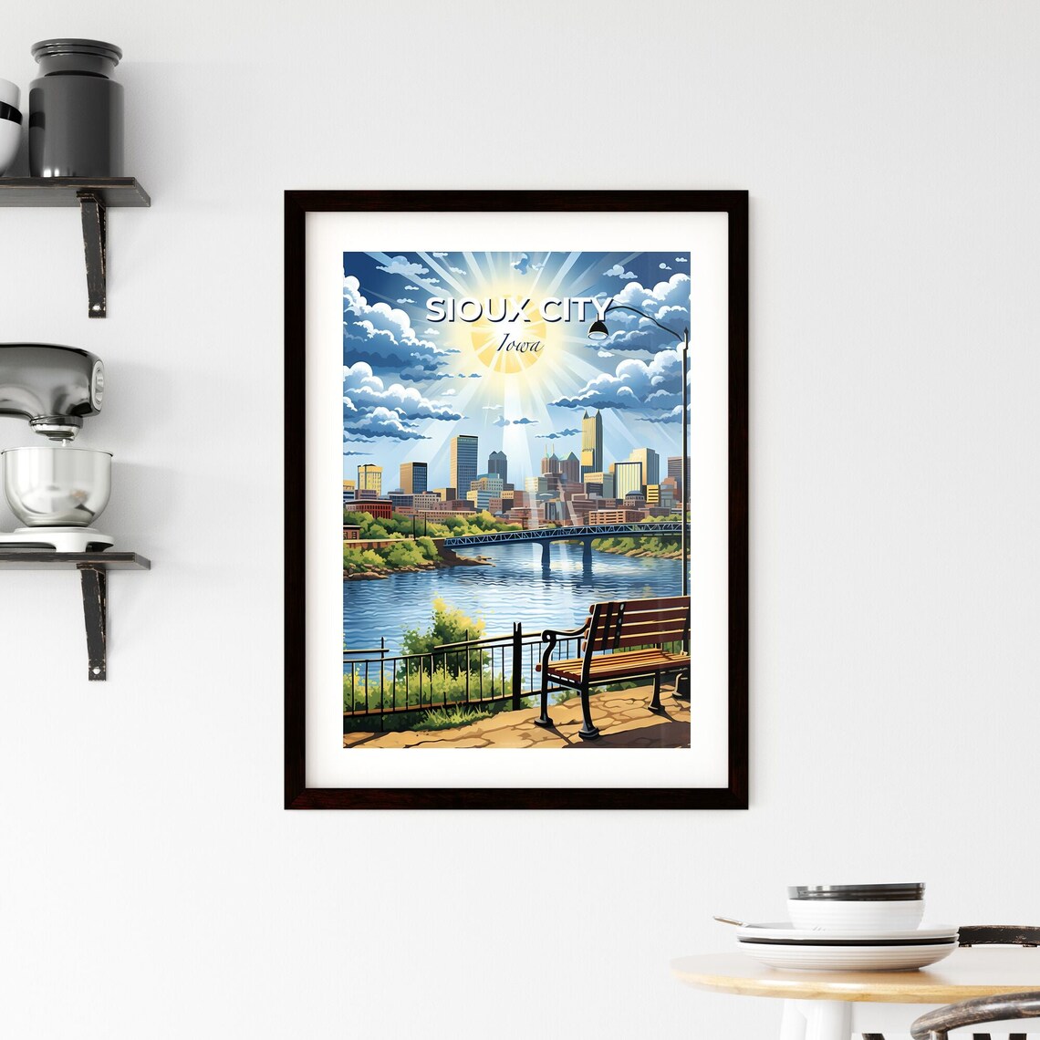 Vivid Sioux City Iowa Riverside Bench Skyline Sunburst Poster - Image 2