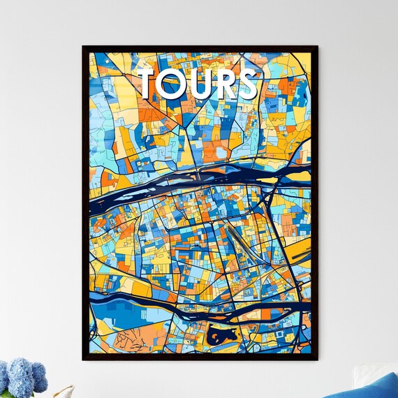 Tours France Colorful Geometric City Map Art Poster in Blue and Orange