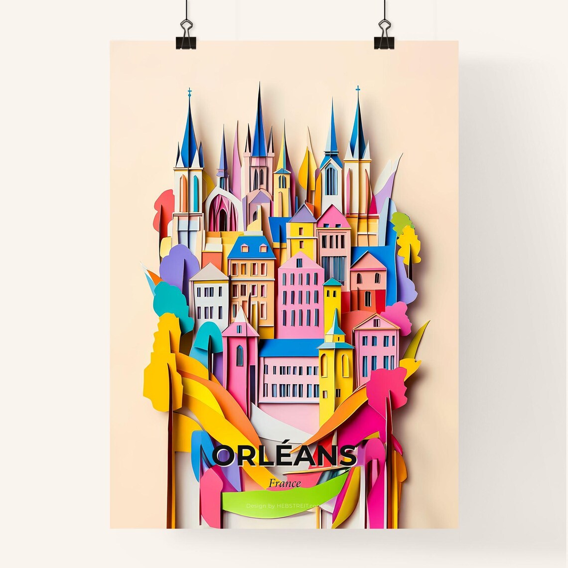 Orleans France Colorful Cathedral Spires 3D Paper Cut Art Poster - Image 4