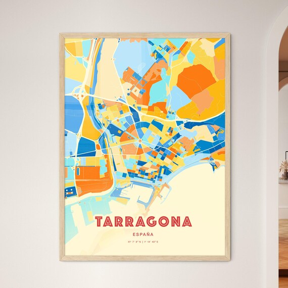 Tarragona Spain Colorful Coastal City Map Coordinates Art Poster