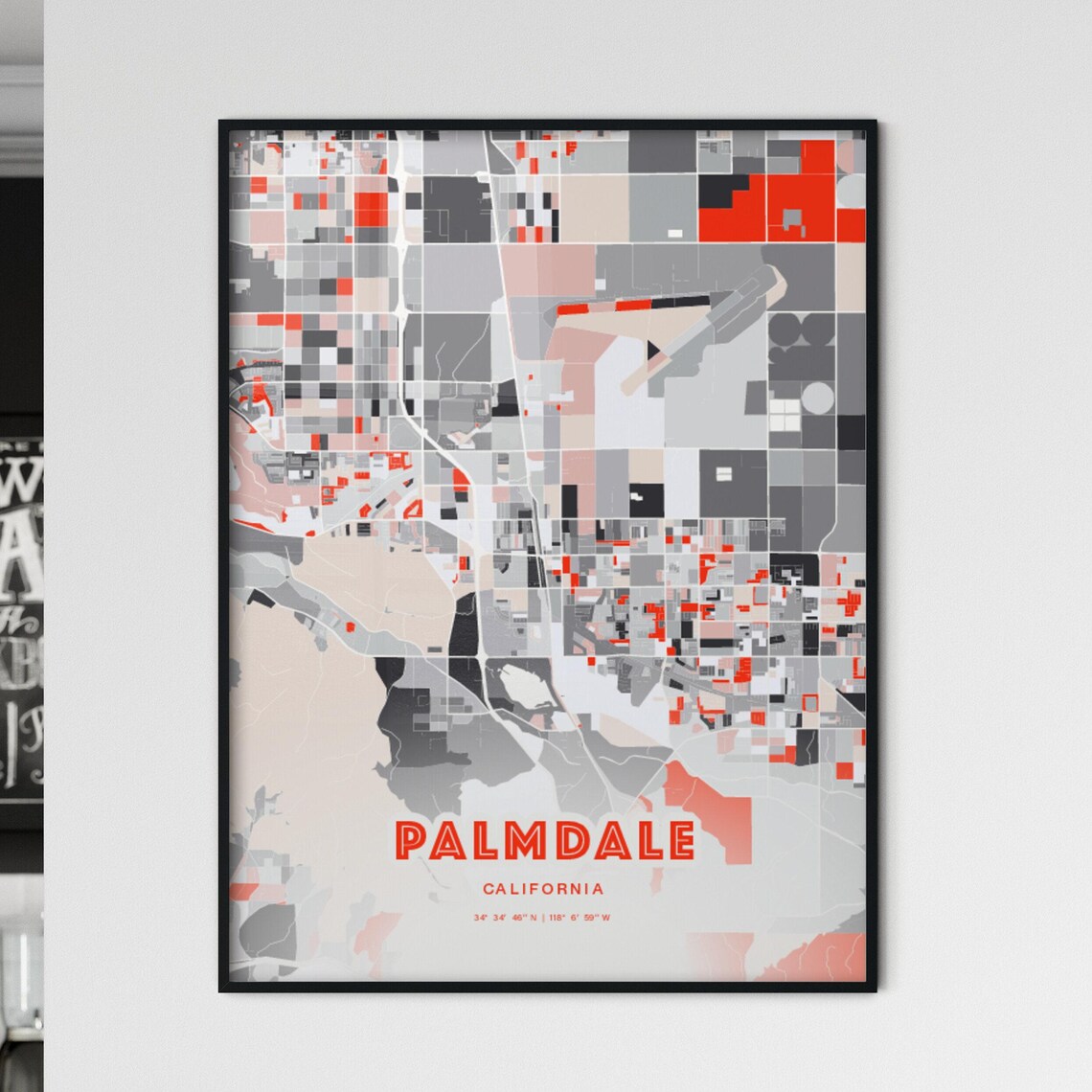 Palmdale California City Map Art Poster Red Gray Expressive Wall Look