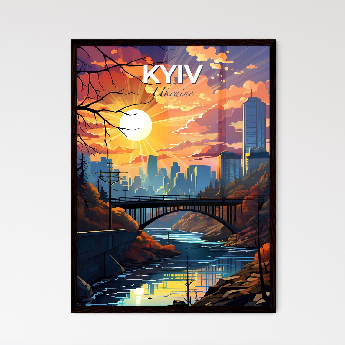 Kyiv Ukraine Sunset River Bridge Skyline Fiery Sky Art Poster