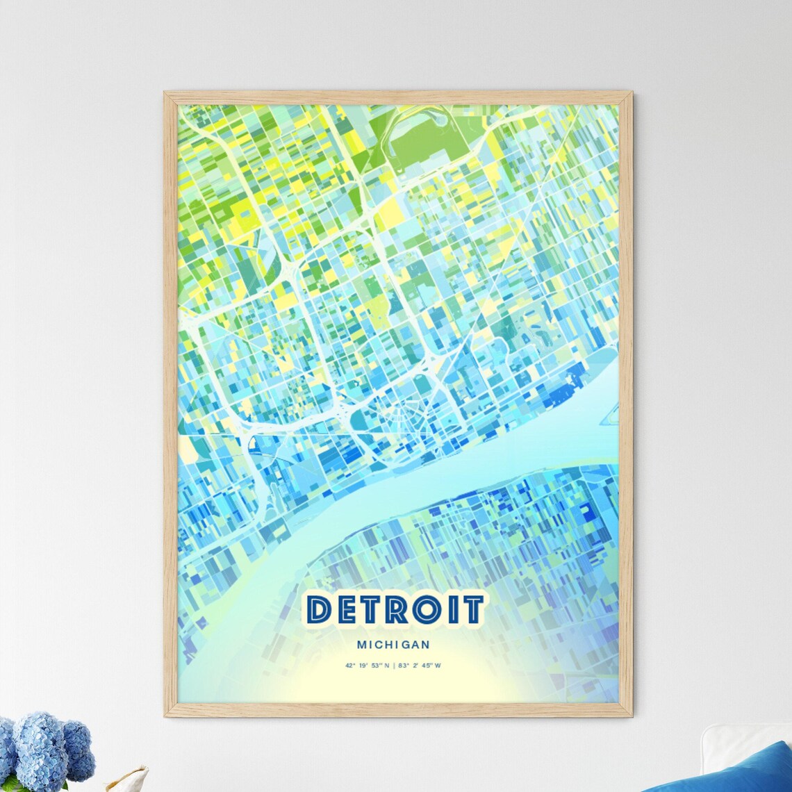 Detroit Michigan Modern Geometric Blue Green City Map Art Poster