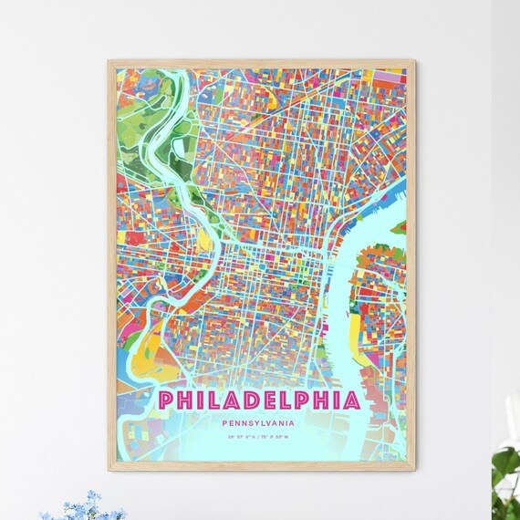 Philadelphia Pennsylvania Colorful City Map Art Poster in Pink and Turquoise