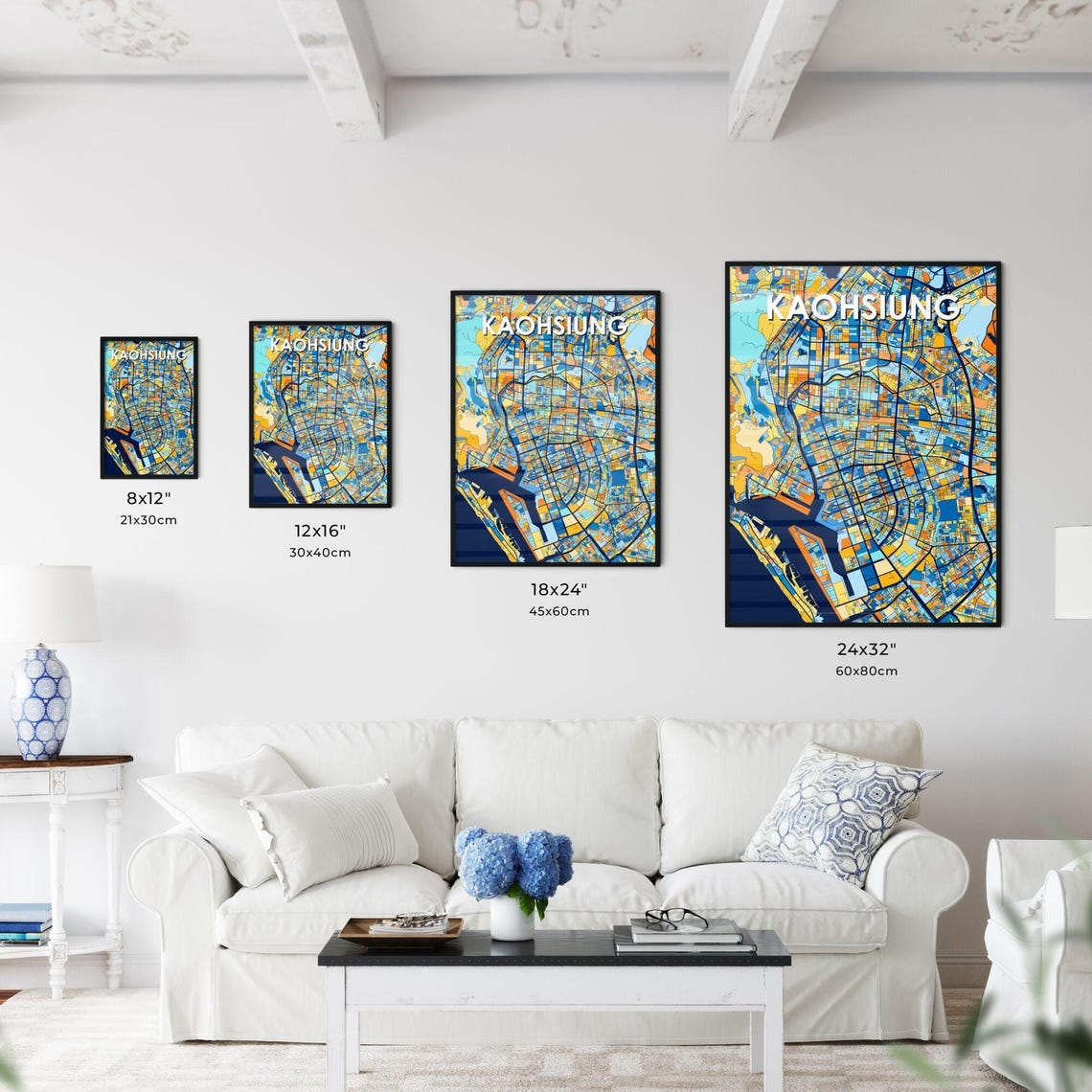 Kaohsiung Taiwan Bold Vibrant Blue Orange Mosaic City Map Poster - Image 3