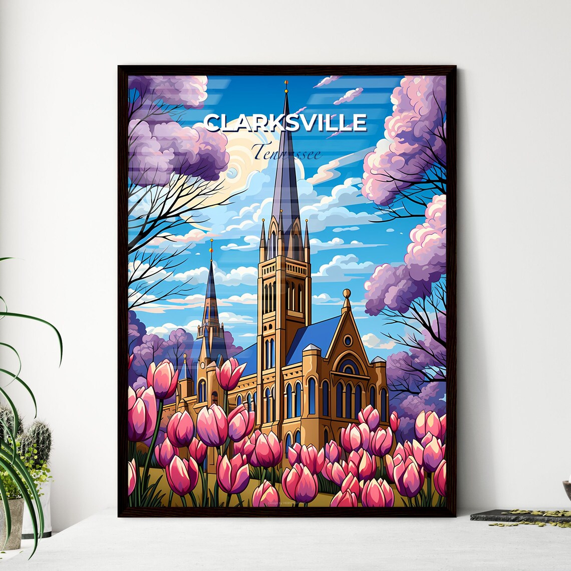 Clarksville Tennessee Spring Tulips Church Steeple Scene Poster