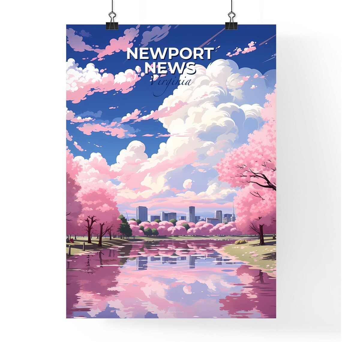 Newport News Virginia Cherry Blossom Lake Skyline Travel Poster - Image 4
