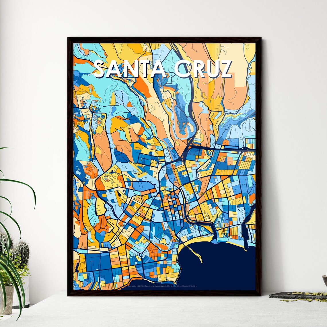 Santa Cruz California Colorful Modern City Street Map Travel Decor Poster